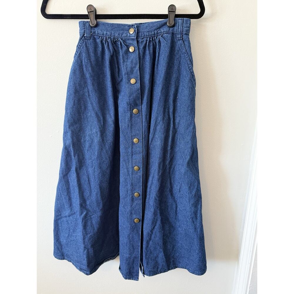 Vtg 80s Carlyle Skirt 6 Blue A Line Denim Midi Snap Front Pockets